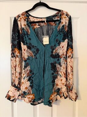 Free People Teal Floral Button-Front Blouse